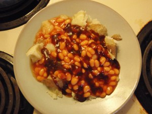 potato, beans, brown sauce